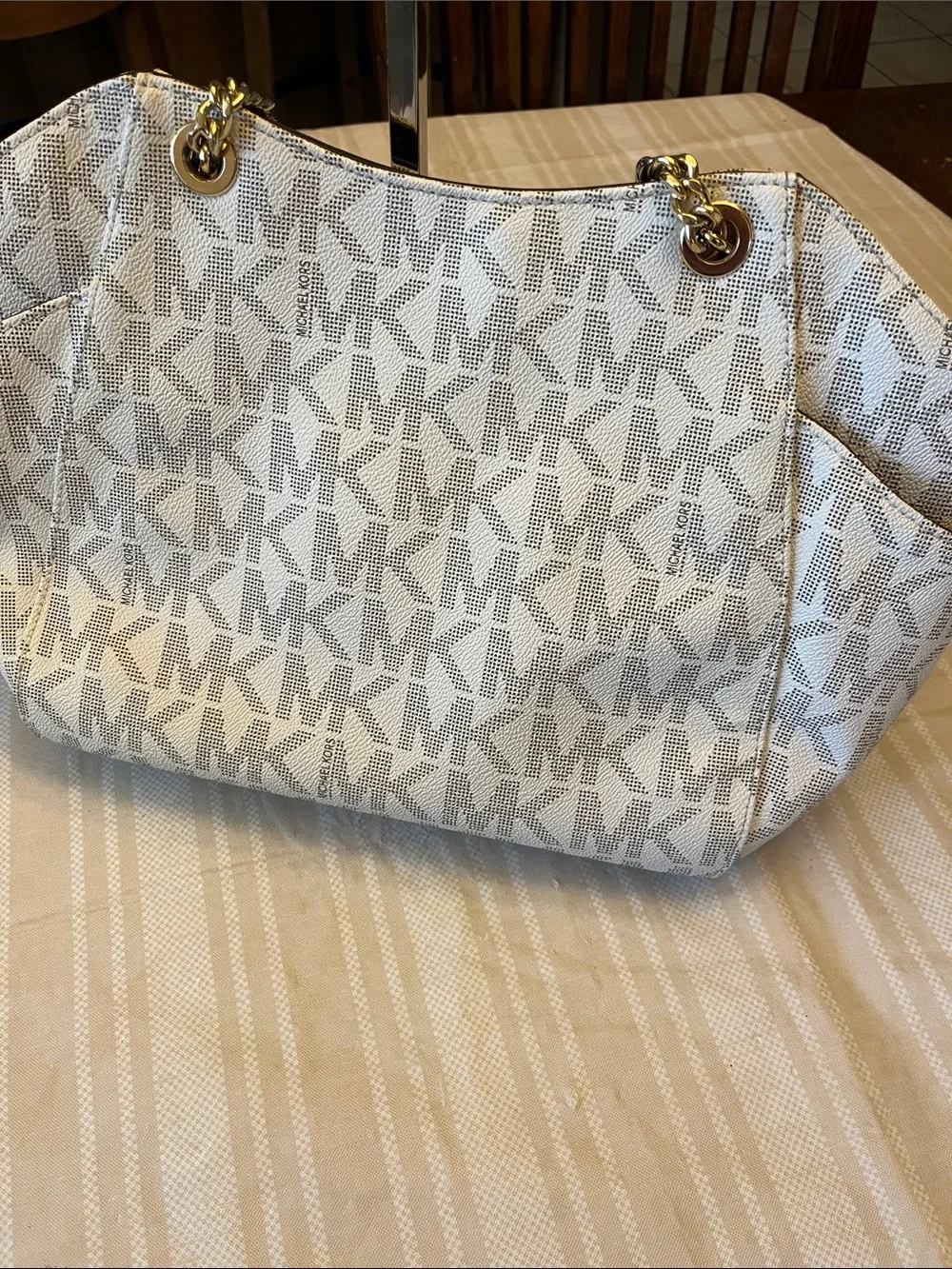 Michael Kors Beige MK Signature Tote with Tan Leather & Gold-Tone Hardware
